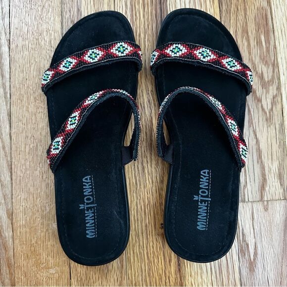Minnetonka Beaded Leather Sandals Women’s Sz 7 Black/ Red/ White - Picture 5 of 8